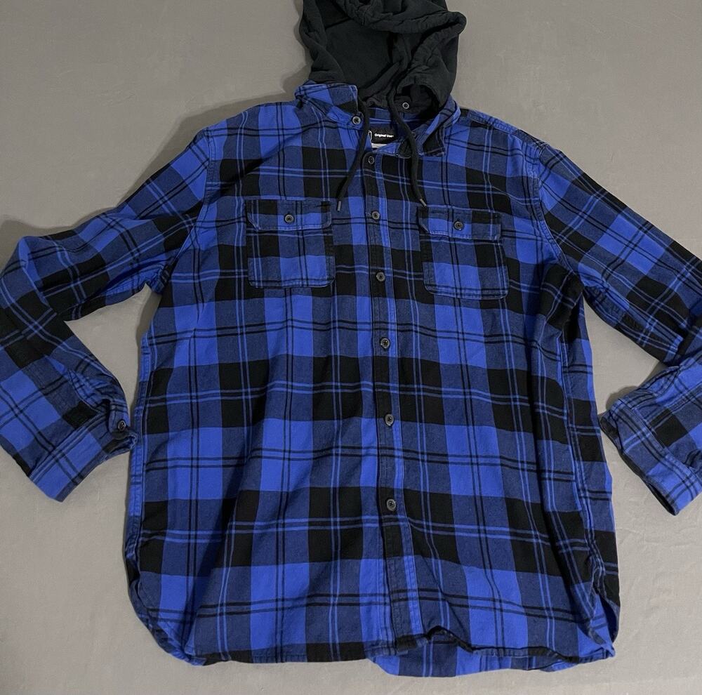 Original Use Soft Hooded Flannel Shirt Blue Black Plaid Size XL Great Cond